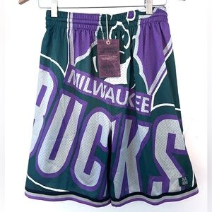 Milwaukee Bucks Mitchell & Ness Shorts NWT NBA Hardwood Big Face Mesh Boys 14/16